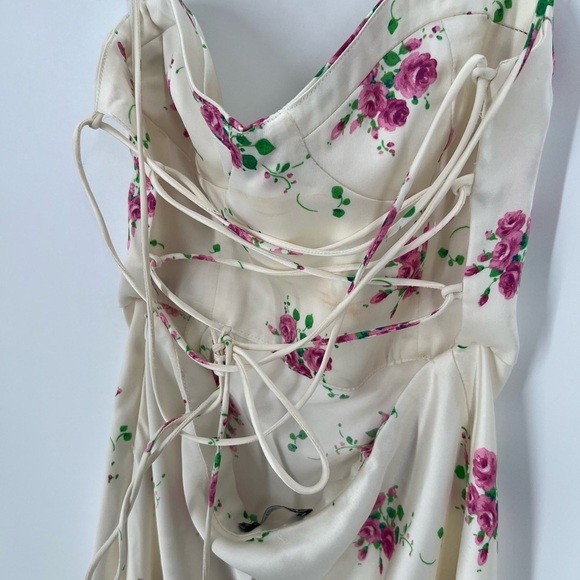 Zara Satin Floral Bustier Front Slit Strappy Midi Dress - Picture 8 of 12